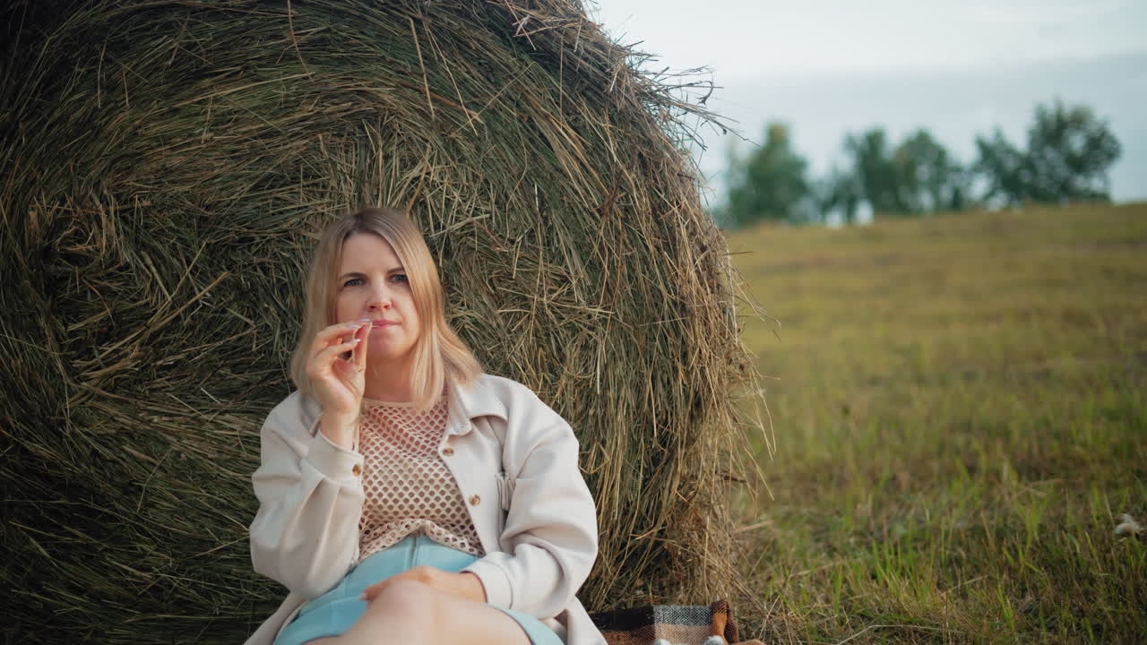 다리를 고 앉아서 입에 건조한 지이를 들고 놀면서 반영하는 젊은 여인, 그녀는 따뜻한 자연 빛과 열린 농경지와 평화로운 시골 풍경에서  에 기대어