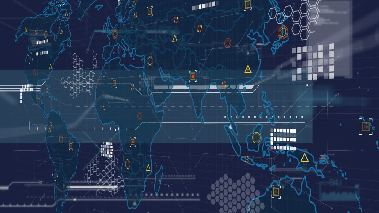Animation of world map and data processing against blue background