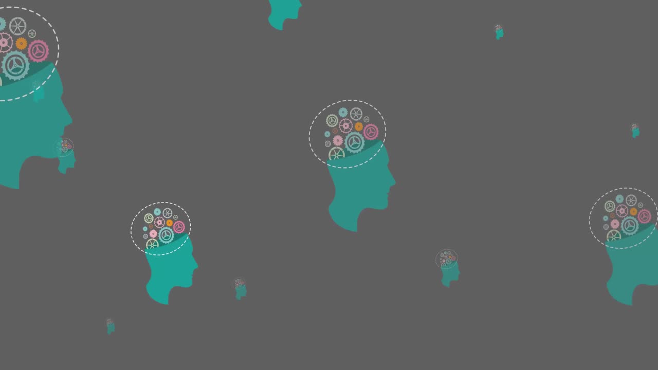 회색 배경에 움직이는  ⁇ 과 함께 초록색 인간의 머리의 애니메이션