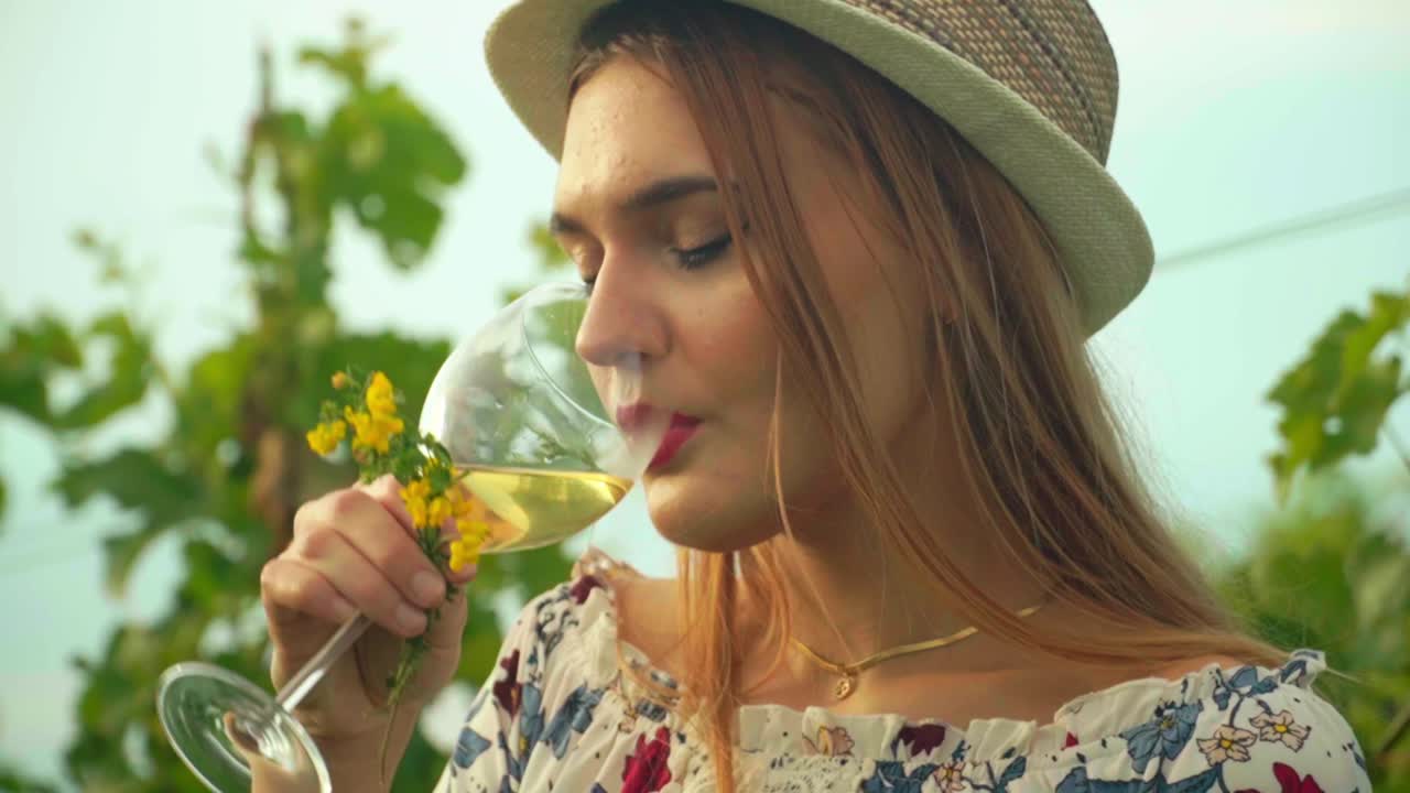 Stunning HD footage of a white Caucasian woman with a knitted hat and red lipstick stands among vineyards, sipping white wine from a glass and enjoying the view