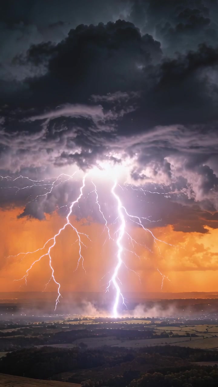 Video verticale: Nuvola temporalesca che rilascia fulmini sui campi, illuminando la pioggia arancione.