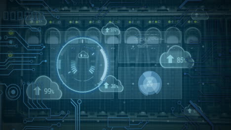 animation of data processing and scope scanning with clouds over server room