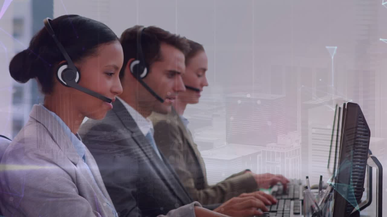 Animation of globe and connections over diverse business people using phone headsets