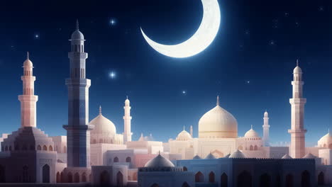 moonlit islamic cityscape with mosques and minarets