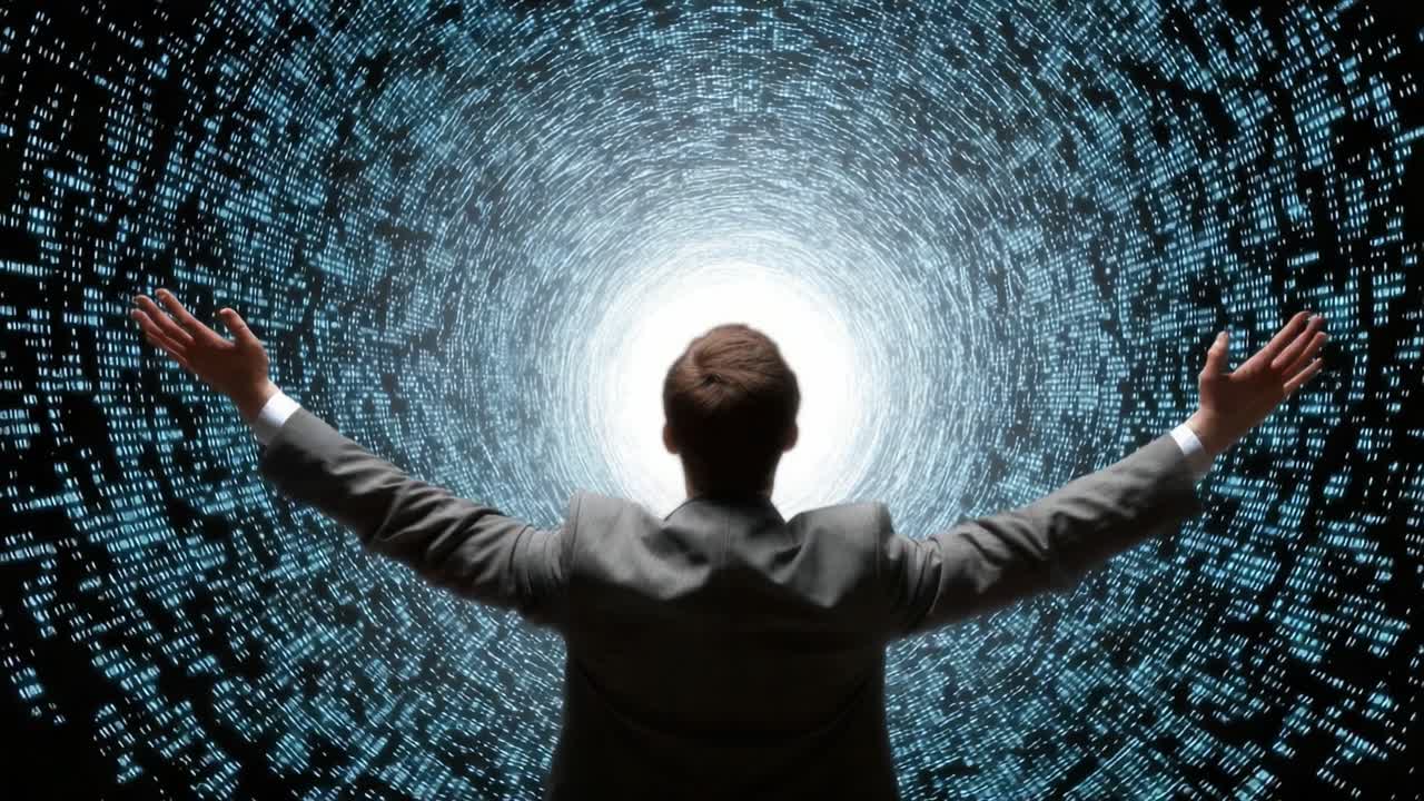 A person stands in awe before a radiant, swirling vortex of digital data, embodying the contrast between the tangible and the infinite possibilities of technology