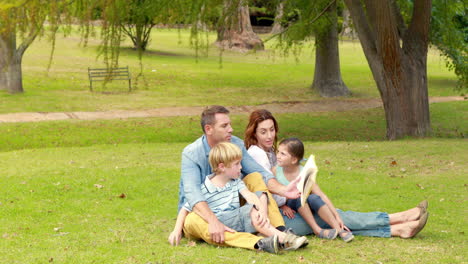 happy family sitting on grass and reading book