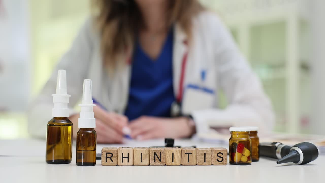 Blocchi di legno formano la parola rinite vicino a flaconi di spray nasale, accanto al medico