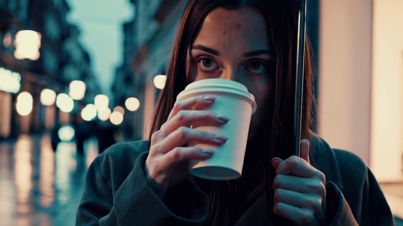 Woman Drinking Coffee Under Umbrella in Rainy Night City