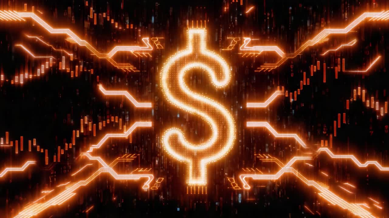 A Dynamic Representation of Currency Flow: Glowing Dollar Sign Amidst Vibrant Data Streams and Sparkling Lights Illustrating Economic Trends and Digital Transactions