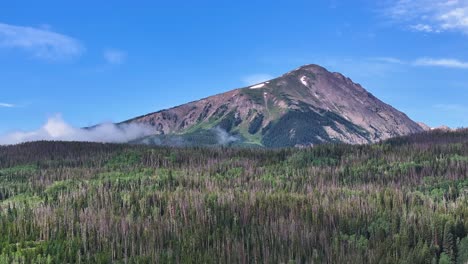 Espectacular-Punto-De-Vista-De-Buffalo-Mountain-En-Silverthorne,-Colorado,-En-Un-Día-Soleado-Con-Nubes-Y-Nieve-En-Las-Montañas,-Bandeja-Aérea-Para-Camiones