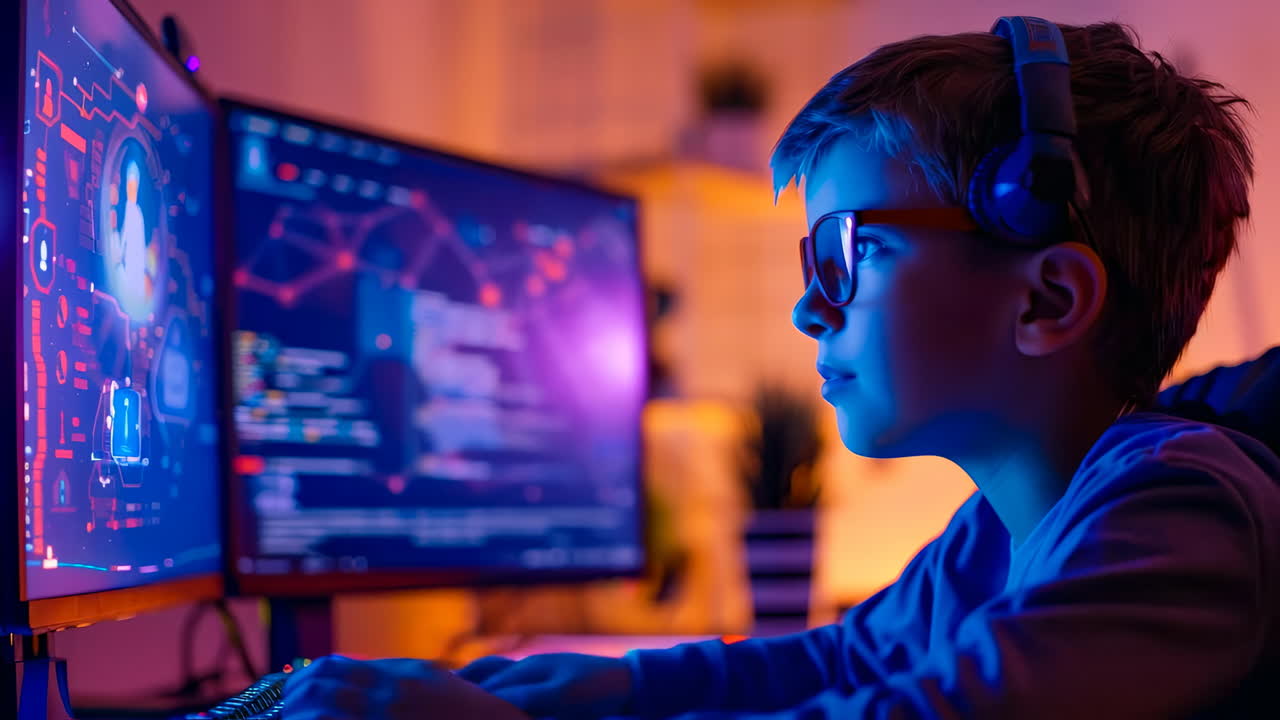 Young boy engaged in gaming at night. A boy wearing headphones focuses on his computer screen while gaming late at night in a dark room with colorful lights