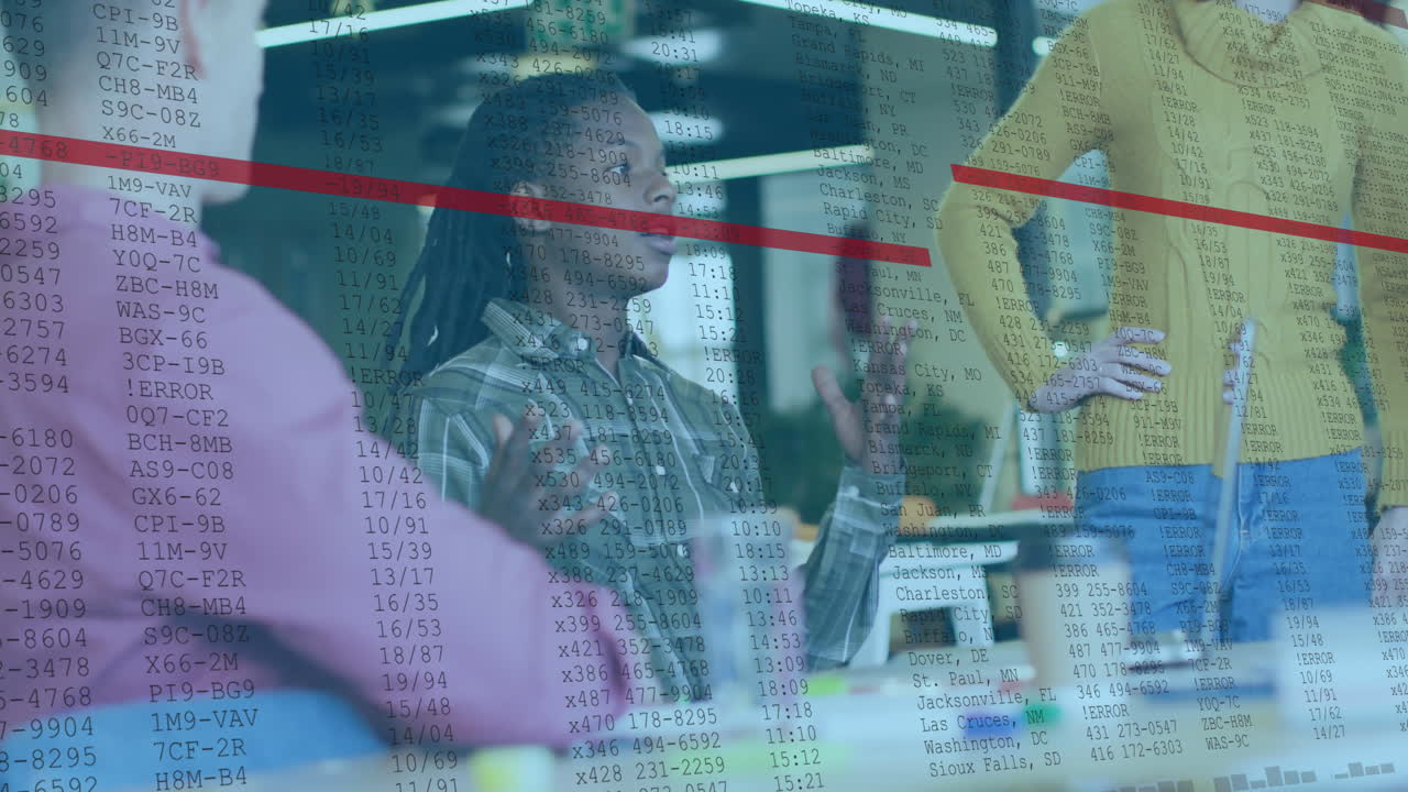 Animation of processing data over diverse male and female colleagues discussing at casual office