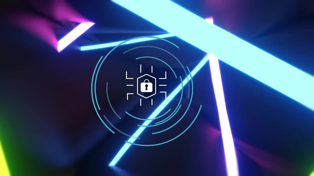 animaciones de formas geométricas con candado en fondo oscuro