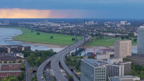 Rhine-knee-bridge,-cable-stayed-bridge-Dusseldorf-Germany,-telephoto-drone-view