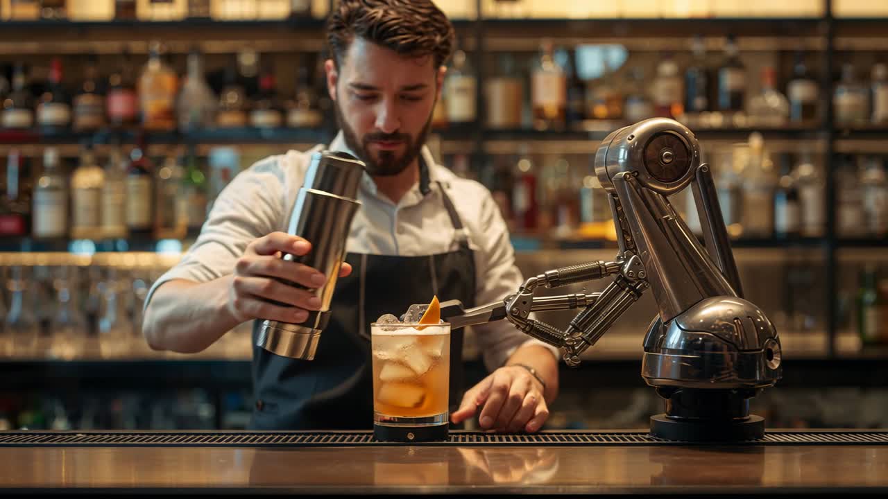 Barman che si inclina con grembiule scuro mentre versa un drink al bar, shaker che si inclina spingendo un braccio robotico per il servizio.