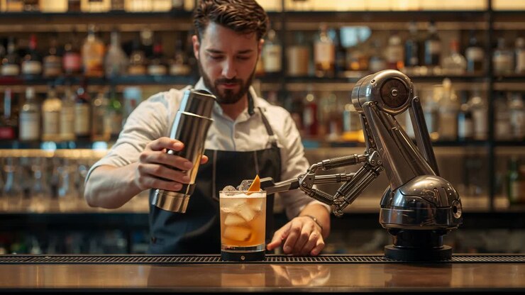 Barman che si inclina con grembiule scuro mentre versa un drink al bar, shaker che si inclina spingendo un braccio robotico per il servizio.
