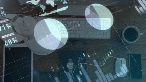 animación del procesamiento de datos financieros a través de tablets y computadoras de escritorio
