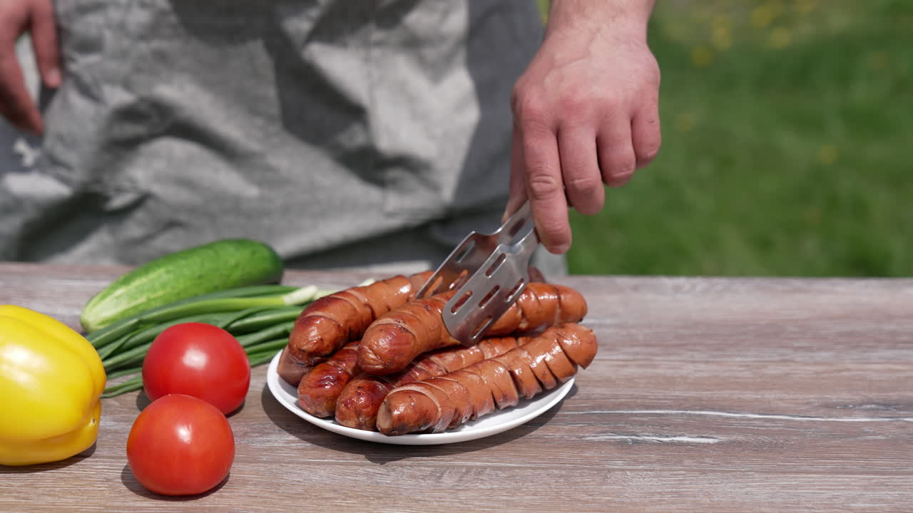 Delicious grilling sausages on plate for picnic. Grilled sausages and fresh vegetables on table outdoors. Man adds some roasted sausage on a plate.