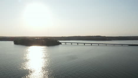 High-Fly-over-drone-footage-at-Casco-Bay,-Maine,-USA