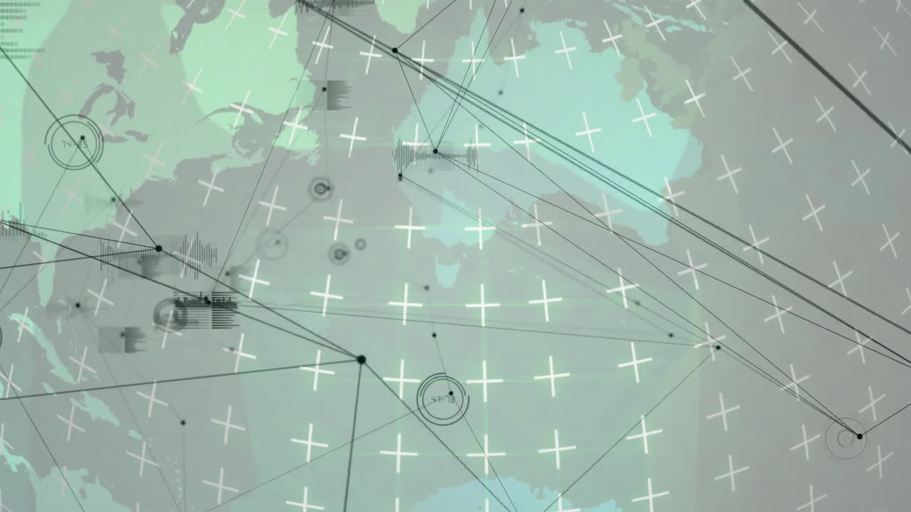 Global network overlay scrolling across world map, showing black nodes, white crosses, bar charts