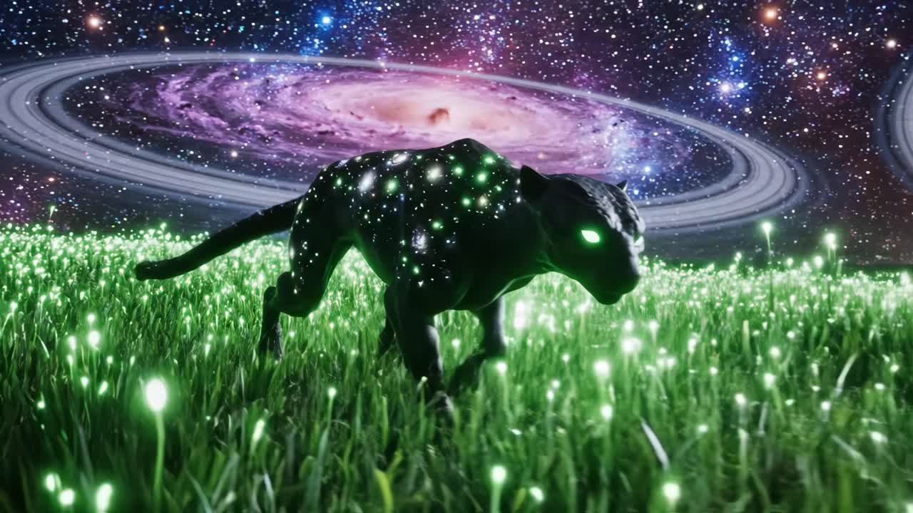 Cosmic Panther in a Glowing Meadow