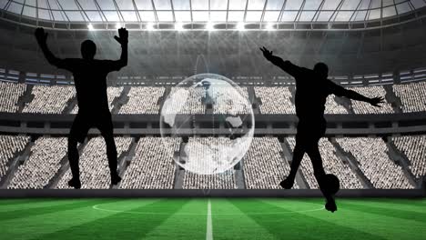 Animation-of-silhouette-of-football-players-and-globe-over-sports-stadium