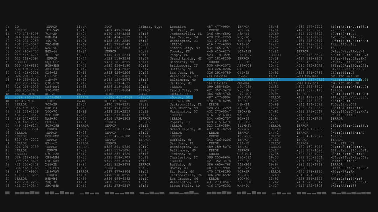 Animation of data processing on black and blue computer screen