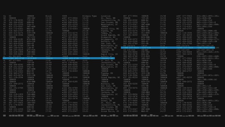 Animation of data processing on black and blue computer screen