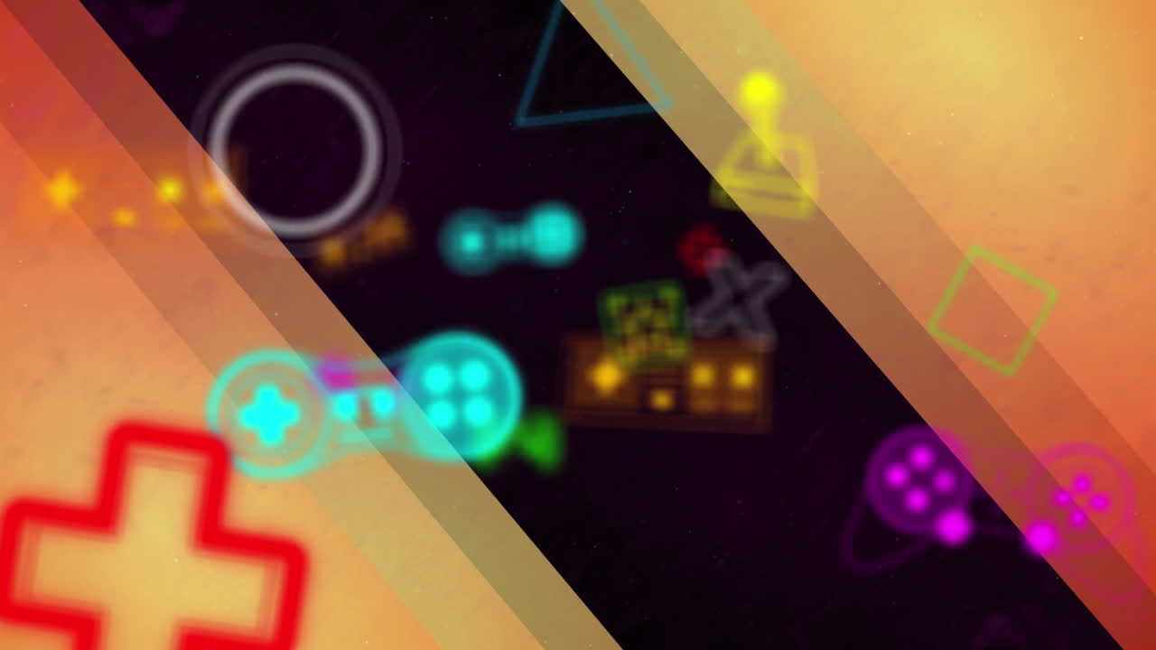 비디오 게임 컨셉 아이콘이 검은 바탕에 분홍색 그라디엔트 줄무 위에 떠다니는 애니메이션