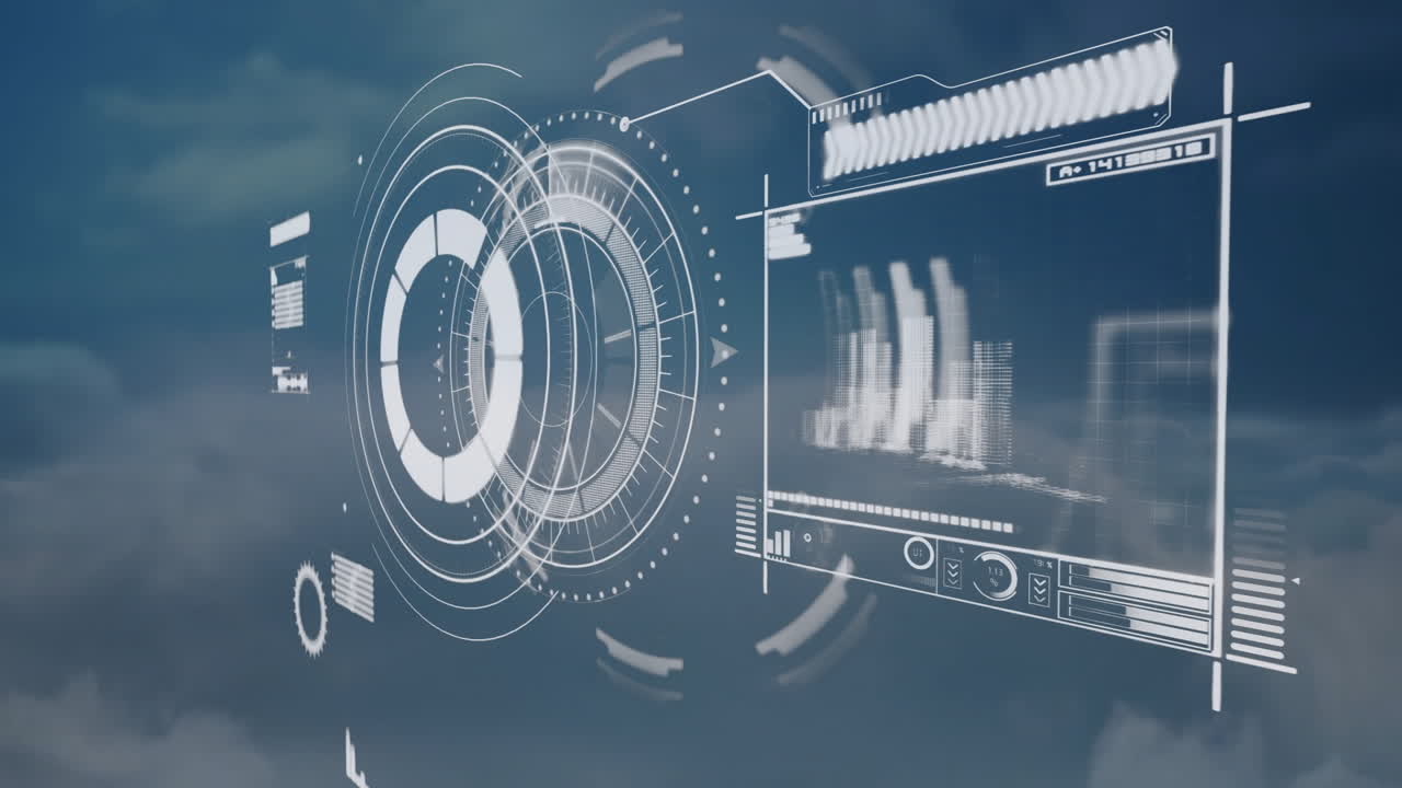 Futuristic HUD displaying concentric rings and progress gauges over sky, showing panel data