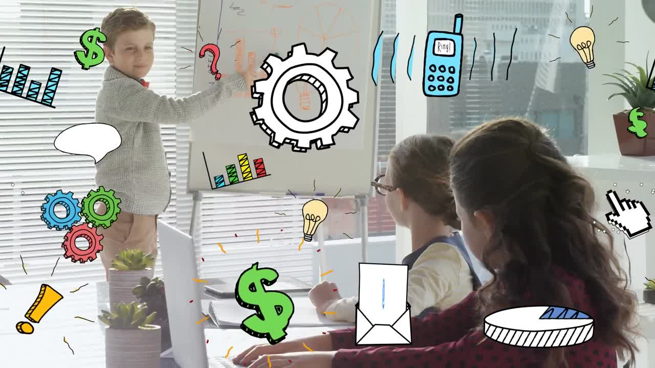 animación de iconos de negocios sobre niños caucásicos en la oficina