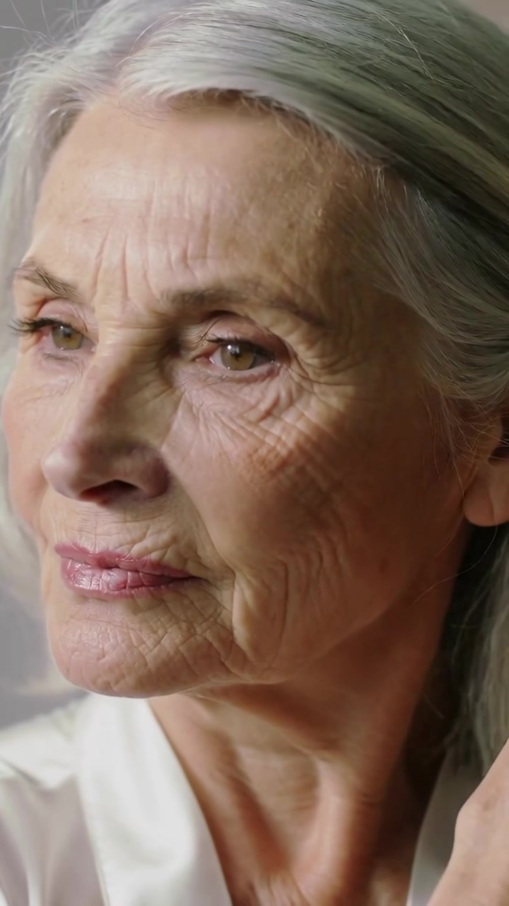 Vertical video: Reacting to blurry hand at right, senior woman turning tucking hair in robe in set