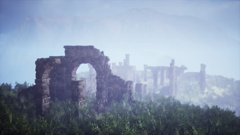 ancient ruins in a misty landscape