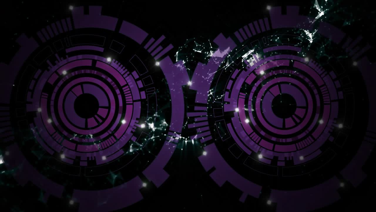 Gruppi di particelle che emergono su due anelli viola, linee di luce, collegamento digitale rotante e pulsante