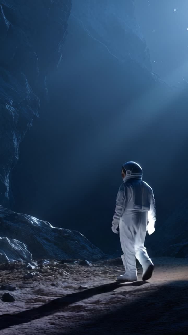 An Astronaut Exploring a Mysterious Cave Under Ethereal Light, Capturing the Essence of Discovery and the Solitude of Space Exploration in Dark Caverns