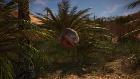 a coconut hanging in a palm tree oasis