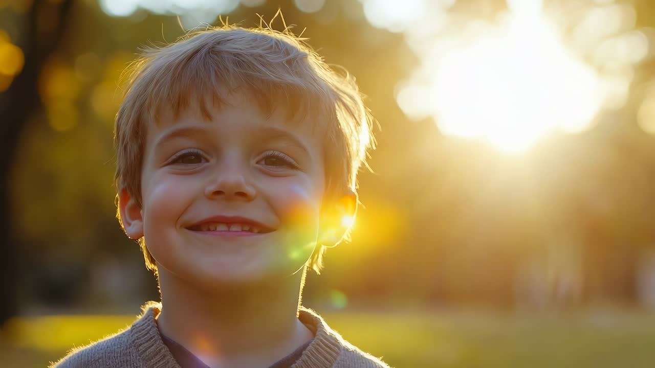 Un niño alegre sonríe en un parque iluminado por el sol, capturado en un primer plano en un ángulo bajo.