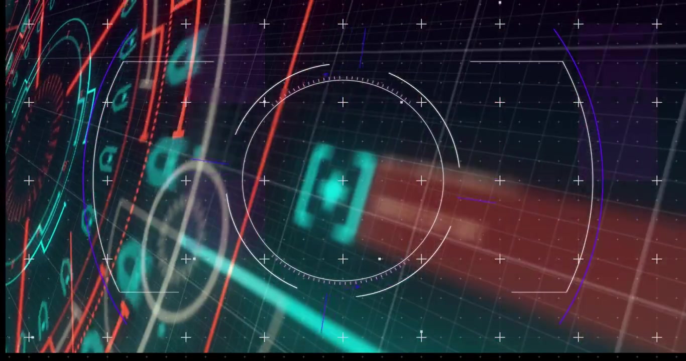 On frame one HUD cluster appearing, red arcs sweeping, teal icon drifting to highlight target