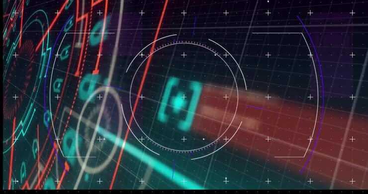 On frame one HUD cluster appearing, red arcs sweeping, teal icon drifting to highlight target