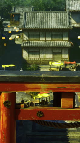 vibrant marketplace view from traditional gate in asian village at sunset