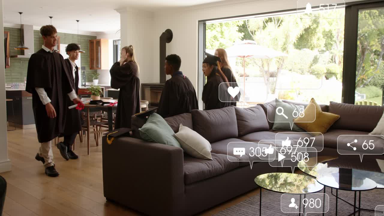 Graduates entering home, sparking likes hearts clustering around group celebrating graduation