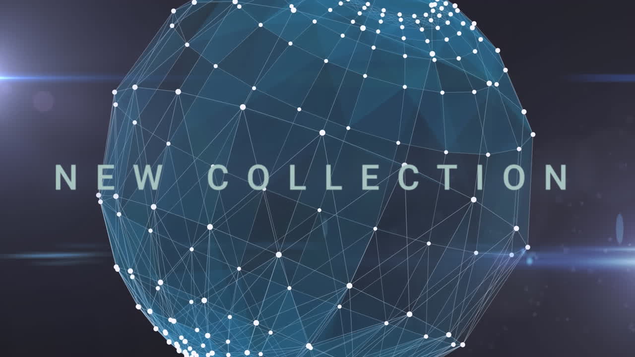 Animation of new collection text in blue over global network and lights on dark background