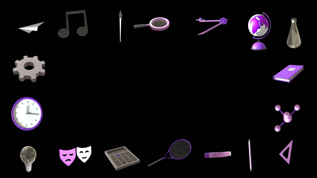 Animation of education icons with copy space over black background