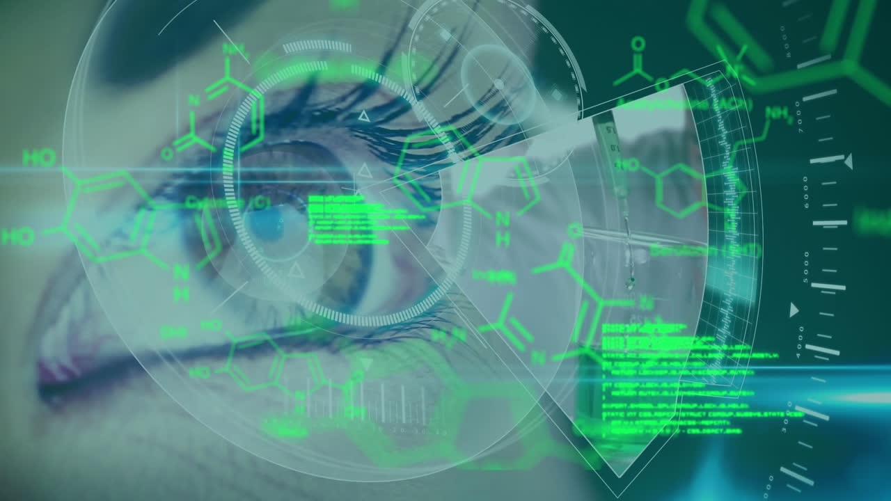 Animation of chemical formulas and data processing over womens eye on dark blue background