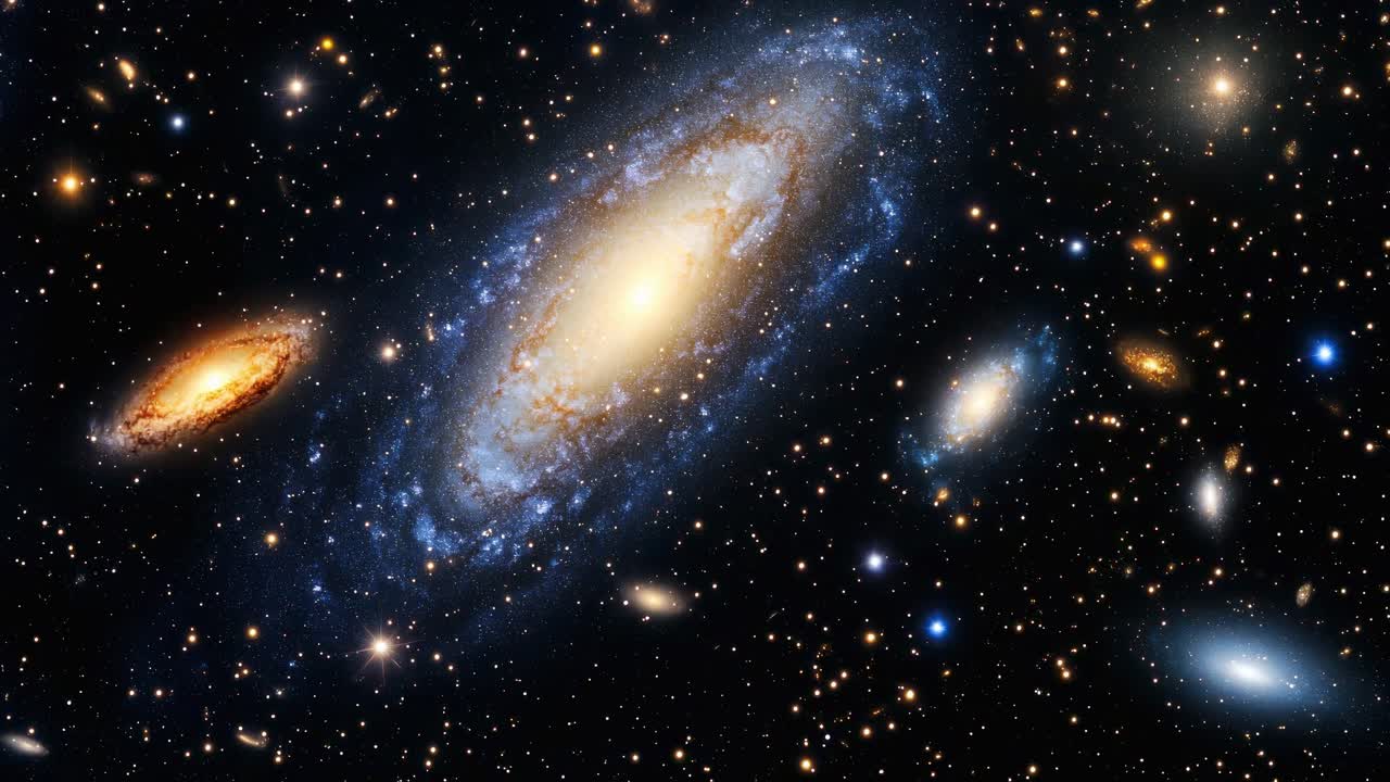 Un concept video cosmico che mostra una visuale grandangolare di galassie e stelle nello spazio profondo