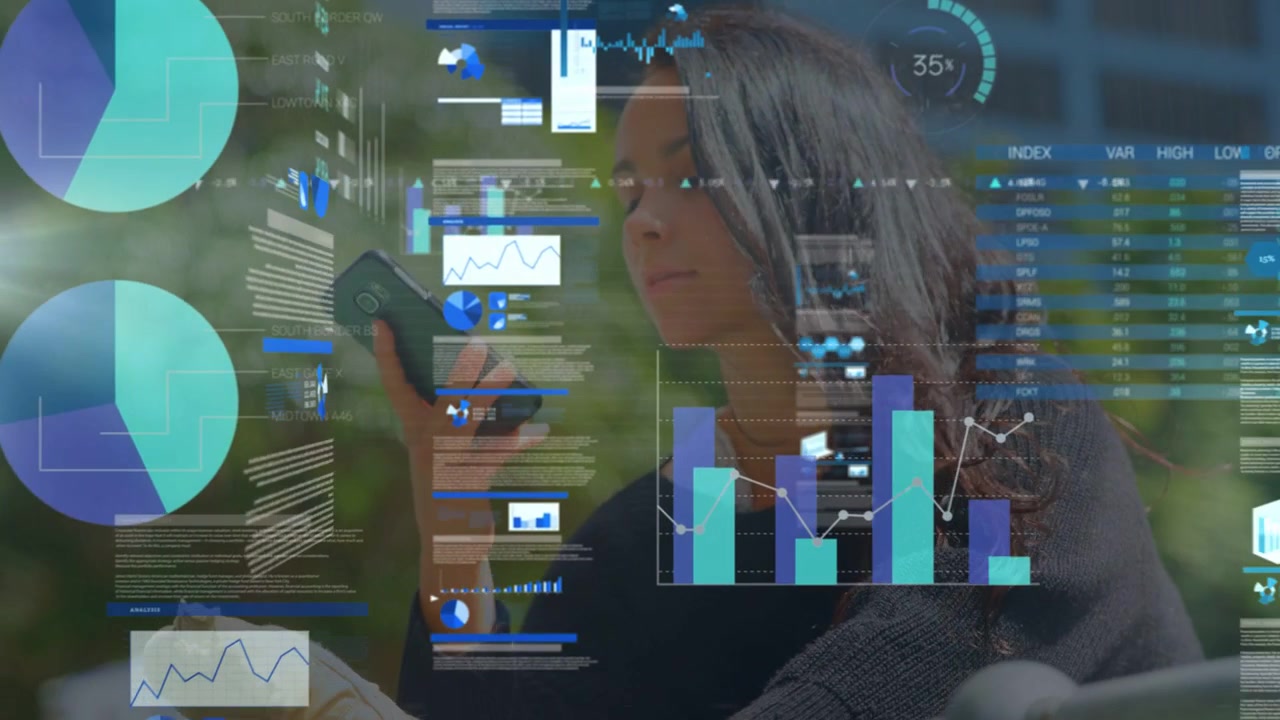 Adult woman scrolling phone causing business charts sliding over scene raising phone calling client