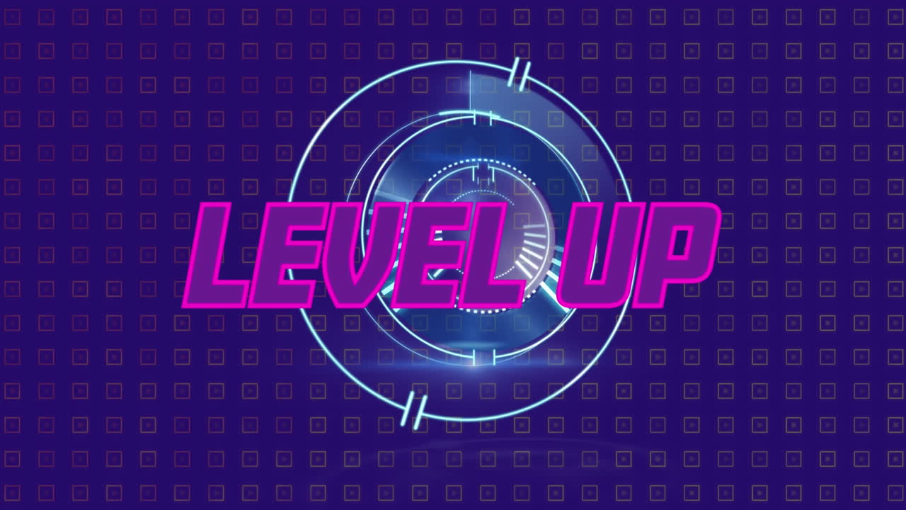 animación de texto de nivel superior sobre círculos de carga contra cuadrados en fondo abstracto