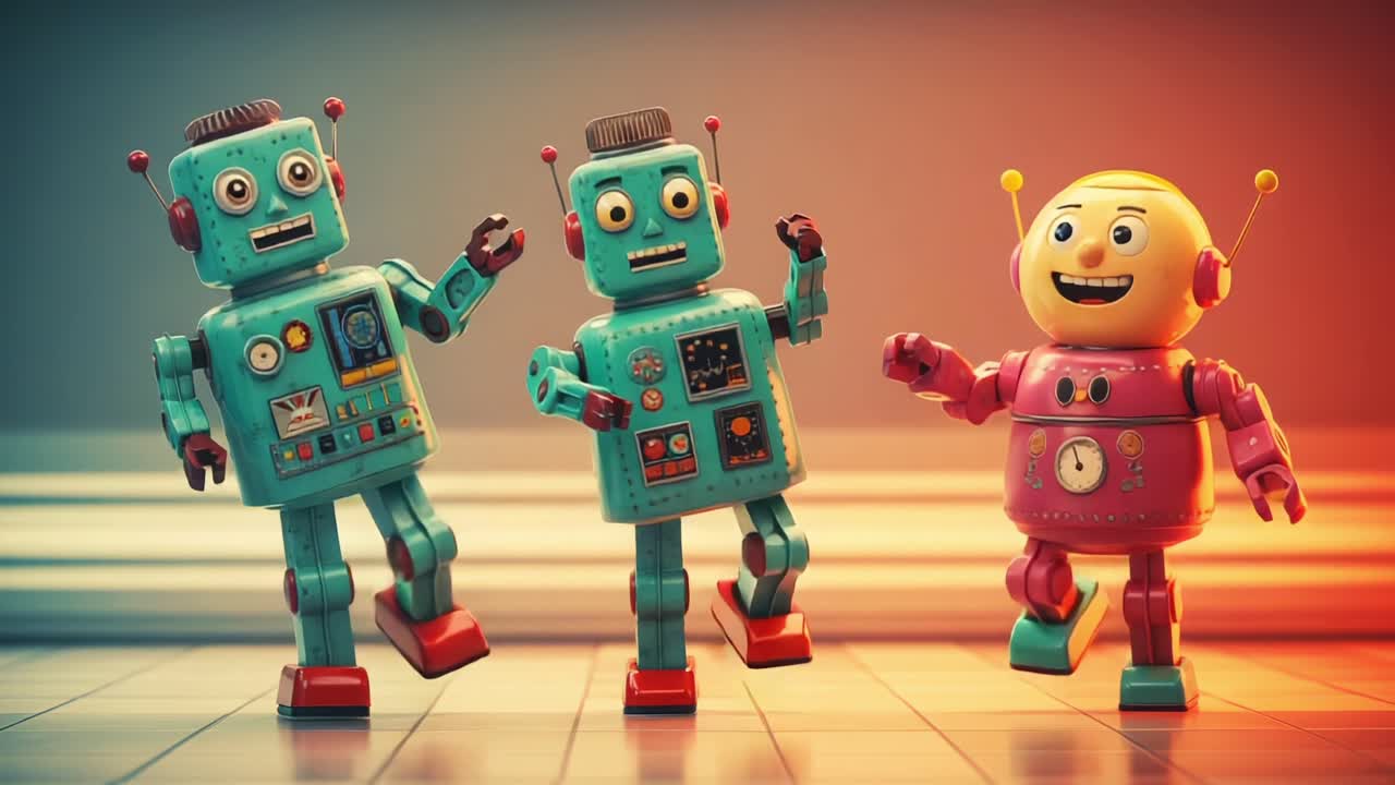 Tre robot retrò colorati danzano gioiosamente in un ambiente giocoso, mettendo in mostra le loro personalità eccentriche e le affascinanti caratteristiche di design.