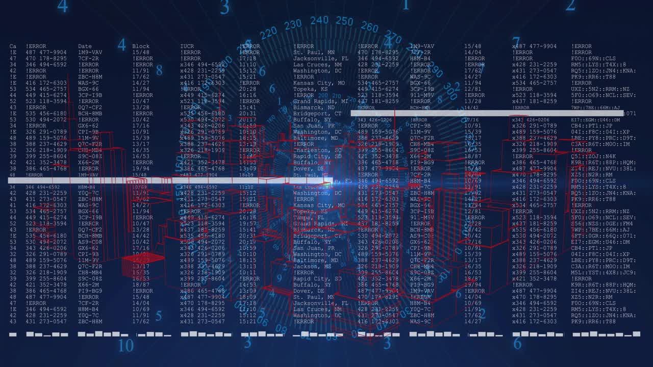 Digital HUD appearing, blue core pulsing, data columns filling, white bars scanning for analysis