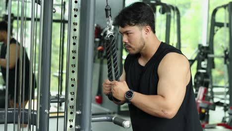 a man exercises with tricep ropes in a bangkok gym, focusing on strength training. bright lighting and steady camera capture the workout